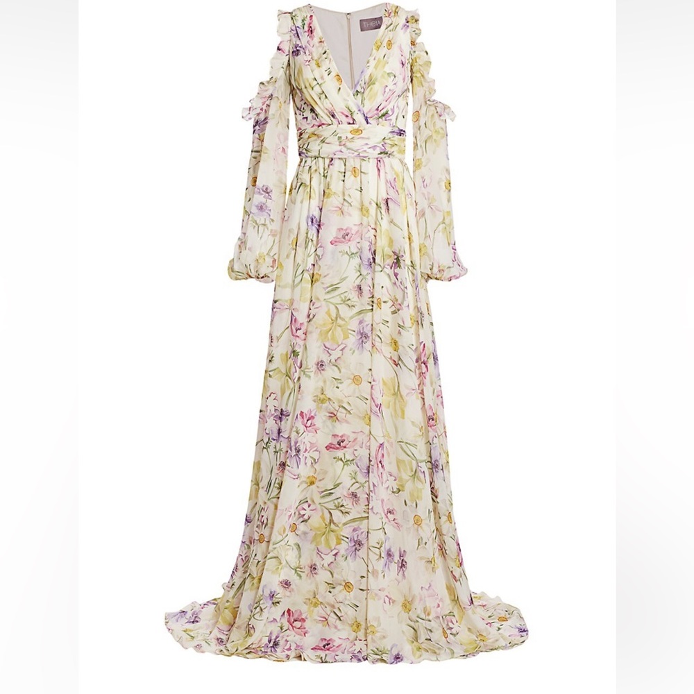 Theia Floral Cold Shoulder Gown
